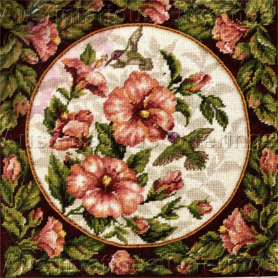 RARE HIBISCUS FLORAL & HUMMINGBIRDS NEEDLEPOINT PILLOW KIT