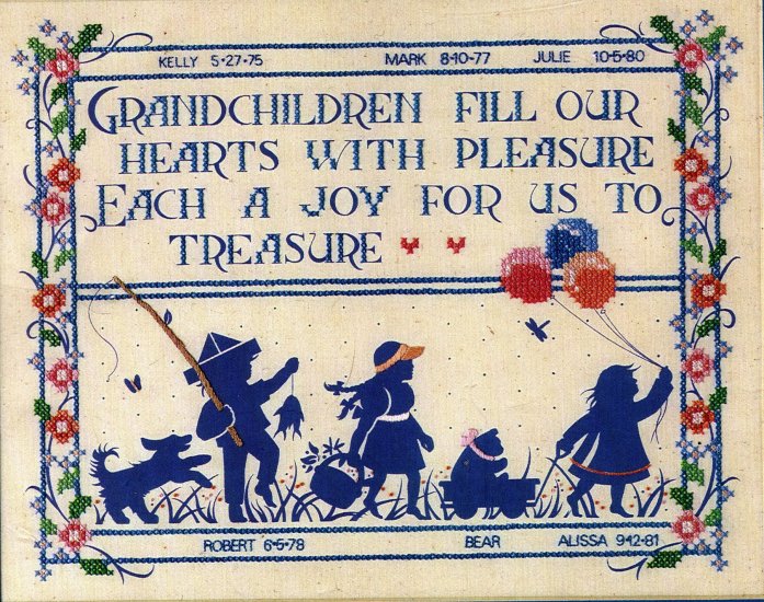 RARE NANCY ROSSI CROSS STITCH KIT BIRTHDATES RECORD CHILDREN BUNNY, DOG BALLONS
