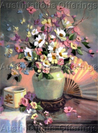 ORIENTAL STYLE SPRING BOUQUET FAN CREWEL EMBROIDERY KIT