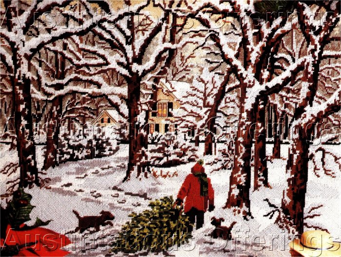 RARE SLOANE CHRISTMAS TREE HARVEST NEEDLEPOINT KIT COMING HOME