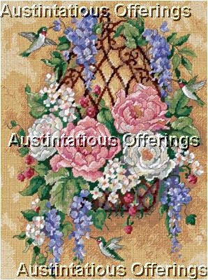 RARE BARB MOCK PEONY FLORAL NEEDLEPOINT HUMMINGBIRDS WISTERIA