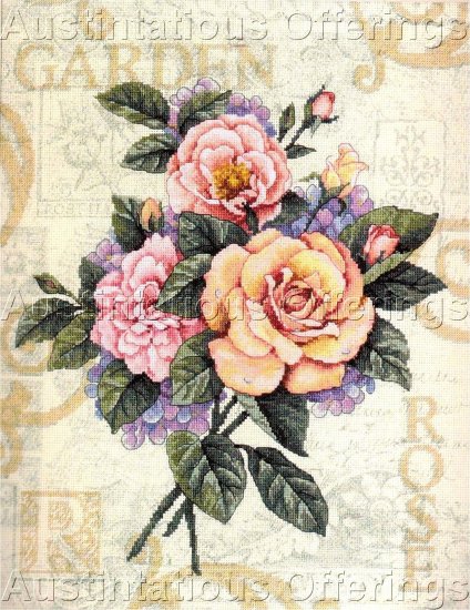 SUMMER CABBAGE ROSE & HYDRANGEA BOUQUET CROSS STITCH KIT
