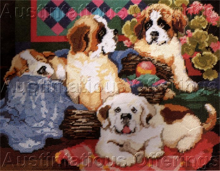 RARE GILLUM SAINT BERNARD PUPS NEEDLEPOINT KIT ST BERNARD DOG