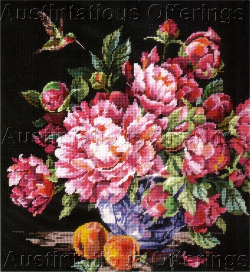 DRAMATIC ROSSI HUMMINGBIRD FLORAL NEEDLEPOINT KIT PEONY STILL LIFE