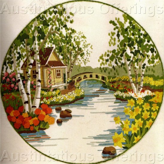 HTF GERRISH COTTAGE GARDEN CREWEL EMBROIDERY KIT SPRING BRIDGE