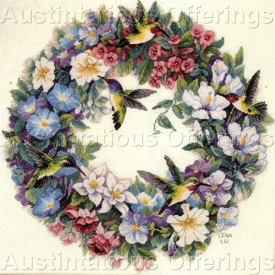 LENA LIU GOLD COLLECTION HUMMINGBIRD CROSS STITCH KIT SUMMER FLORAL WREATH