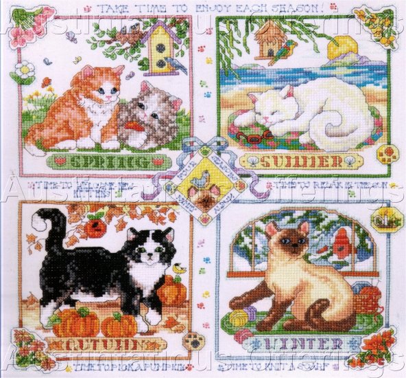 KITTY CATS OF FOUR SEASONS STAMPED CROSS STITCH KIT SIAMESE TIGER CATS