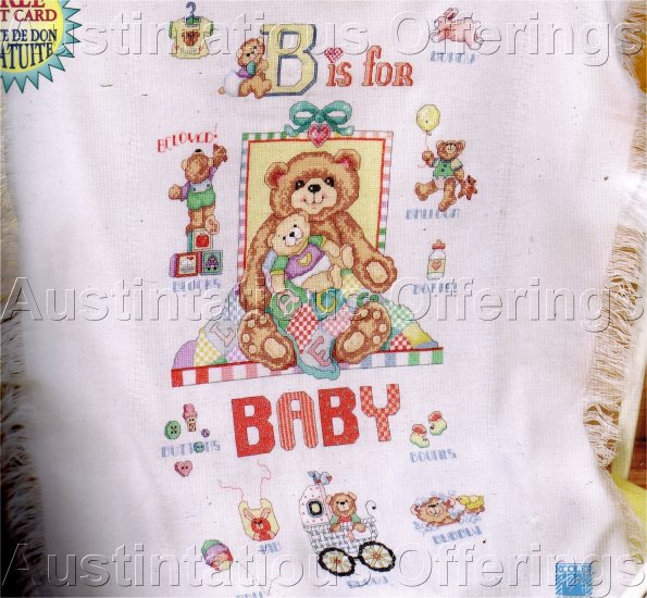 HARD TO FIND GILLUM B FOR BABY BEARS PRE-FRINGED CROSS STITCH AFGHAN KIT BABY BLANKET TEDDIES