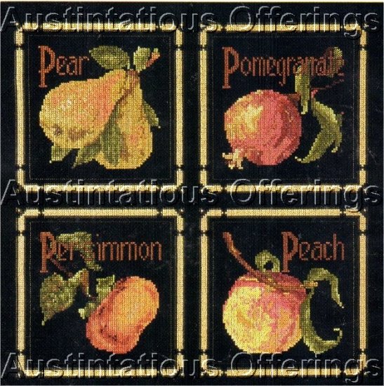 RARE BLACK BACKGROUND CLASSIC FRUITS SAMPLER CROSS STITCH PILLOW KIT