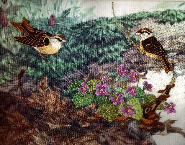 WOODLAND FRIENDS CREWEL EMBROIDERY KIT SPARROWS VIOLETS