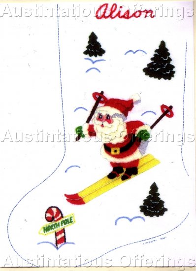 CHRISTMAS DOWNHILL SKIIER SANTA CREWEL EMBROIDERY STOCKING KIT