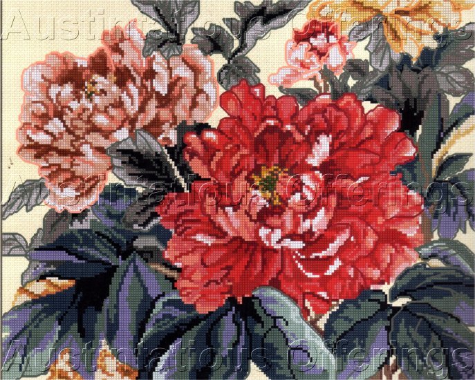 DRAMATIC WANG FULL BLOWN RED PINK PEONIES CROSS STITCH PILLOW /PICTURE KIT