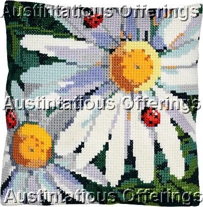 LARGE COUNT WOOL CROSS STITCH PILLOW KIT DAISIES & LADYBUGS