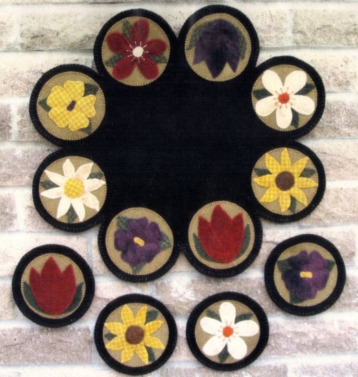 PRIMITIVE FOLK ART PATTERN CHART FLOWER GARDEN MINI PENNIES & TABLE MAT FELT EMBROIDERY