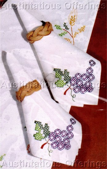 STAMPED CROSS STITCH KIT HARVEST NAPKINS PUMPKINS GRAPES