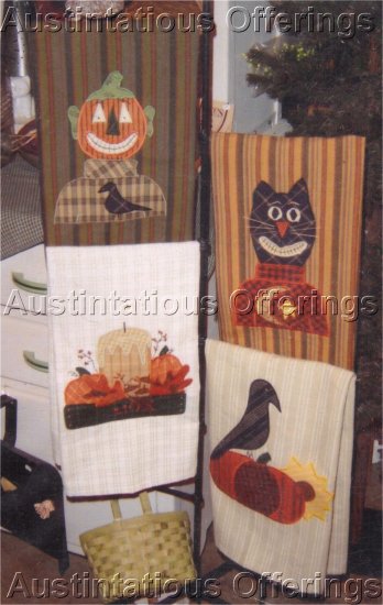 PRIMITIVE FOLK ART HALLOWEEN FALL HARVEST PATTERN GUEST TOWELS APPLIQUE