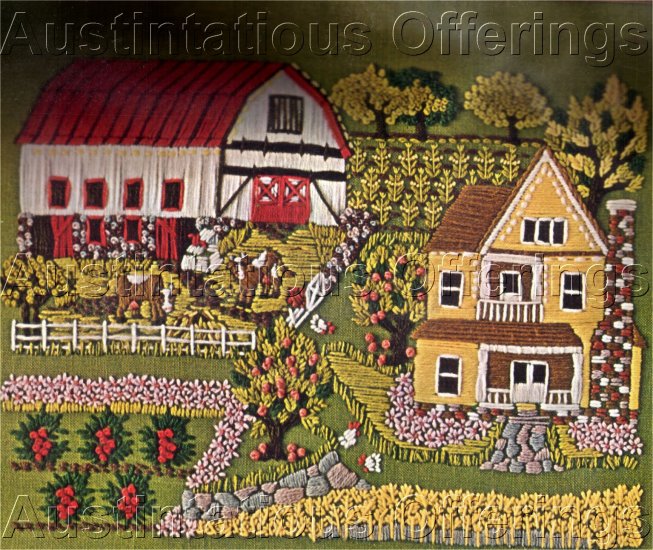 RARE SPRING FARM FOLK ART CREWEL EMBROIDERY KIT