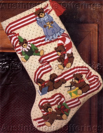 RARE CHRISTMAS TEDDIES AT PLAY NEEDLEPOINT STOCKING KIT HOLIDAY RIBBON