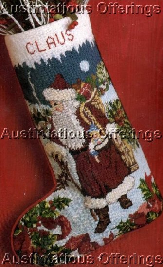 RARE VICTORIAN WOODLAND SANTA TOYS AND TREE NEEDLEPOINT STOCKING KIT