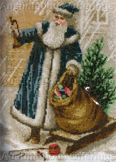 RARE VICTORIAN POSTCARD STYLE BLUE ROBE SANTA WITH HORN CROSS STITCH KIT