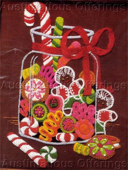 RARE CHRISTMAS CREWEL EMBROIDERY KIT CANDY CANE, GINGER BREAD MAN