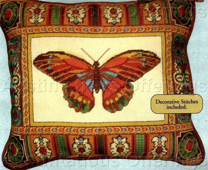 STRIKING BUTTERFLY NEEDLEPOINT PILLOW KIT TEXTURED STITCHES