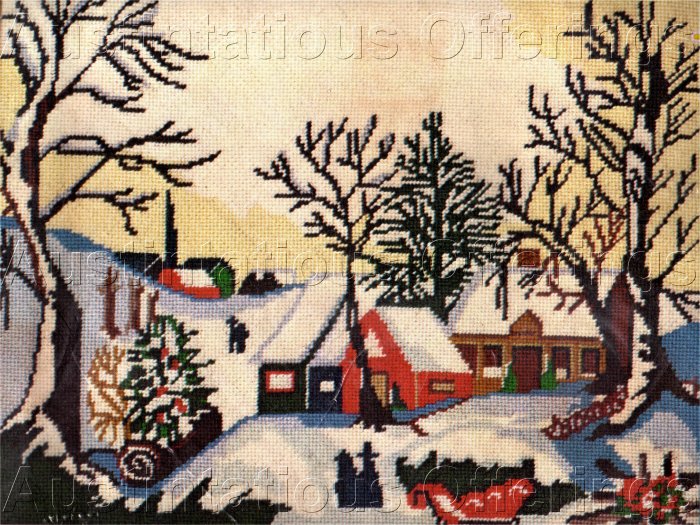 RARE VINTAGE WINTER FARM VILLAGE FOLK ART CHRISTMAS NEEDLEPOINT KIT