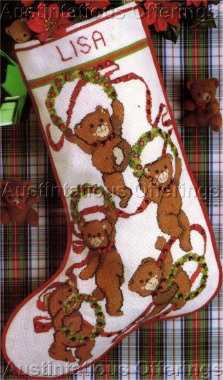 CHRISTMAS TEDDY BEARS AND HOLLY WREATHS CROSS STITCH STOCKING KIT