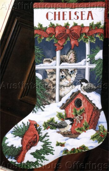 WINTER WINDOW SILL STAMPED CROSS STITCH CHRISTMAS STOCKING KIT KITTY CAT & BIRDS