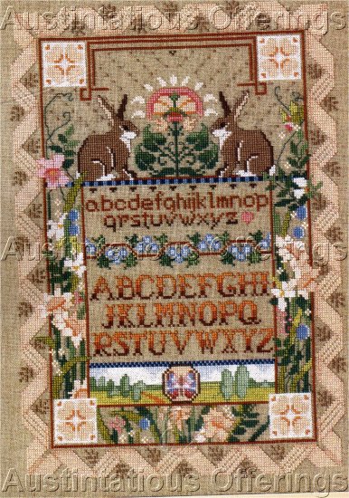 RARE LINEN CROSS STITCH SAMPLER KIT ROSSI BUNNIES