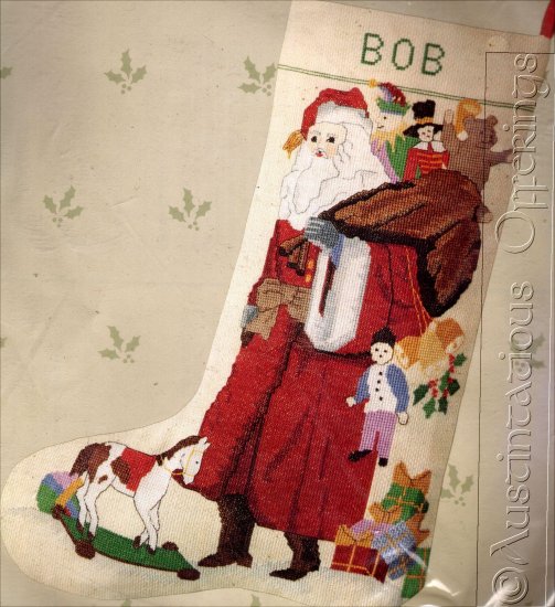 CROSS STITCH STOCKING KIT OLD FASHION SANTA WITH TREE
