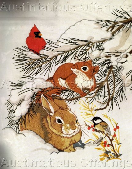 RARE LINDA POWELL WINTER CRITTERS CREWEL EMBROIDERY KIT CARDINAL SQUIRREL BUNNY RABBIT CHICKADEE