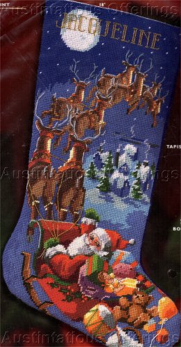 ROSSI NEEDLEPOINT CHRISTMAS STOCKING KIT REINDEER OVER ROOFTOPS