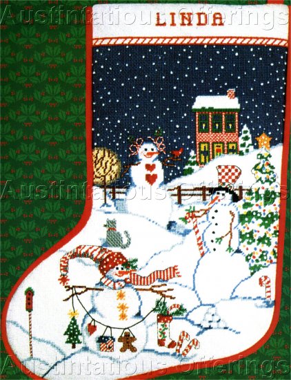 RARE SANDI GORE-EVANS SNOWMEN VILLAGE NEEDLEPOINT STOCKING KIT PEPPERMINT HILL CHRISTMAS