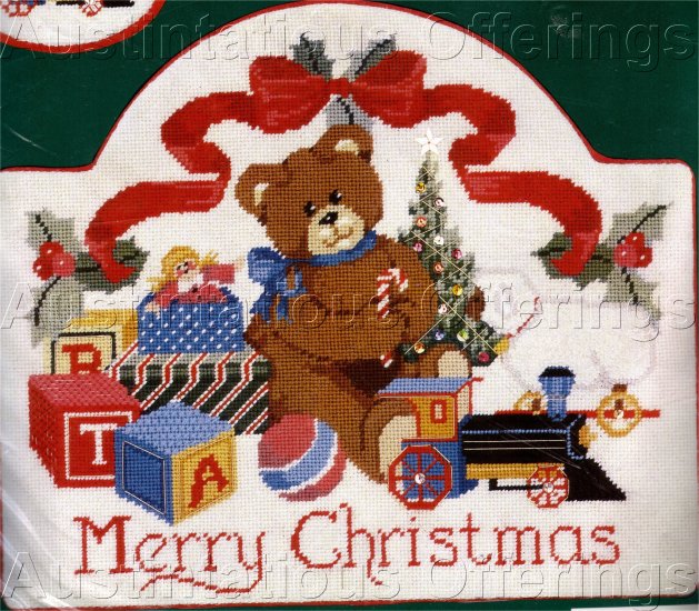 RARE LECLAIR CHRISTMAS TEDDY BEAR NEEDLEPOINT KIT TOY TRAIN WELCOME PLAQUE