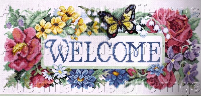 FLORAL WELCOME SAMPLER CROSS STITCH KIT BUTTERFLY ROSE