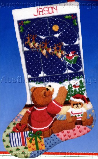 RARE CHRISTMAS EVE LONGSTITCH NEEDLEPOINT STOCKING KIT TEDDY BEAR GOODNIGHT SANTA