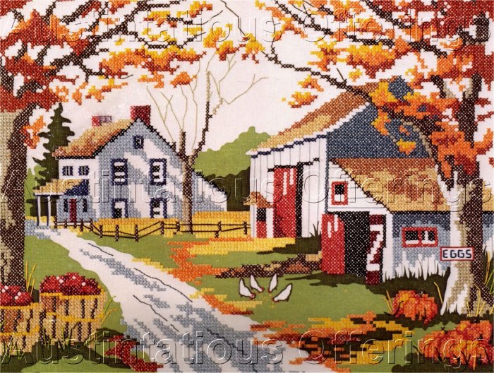KRATZ STAMPED CROSS STITCH KIT AUTUMN COUNTRYSIDE FARM, APPLES PUMPKINS