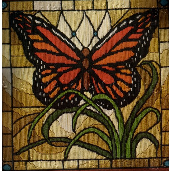 RARE BARRANI LONGSTITCH NEEDLEPOINT KIT STAINED GLASS BUTTERFLY WINDOW