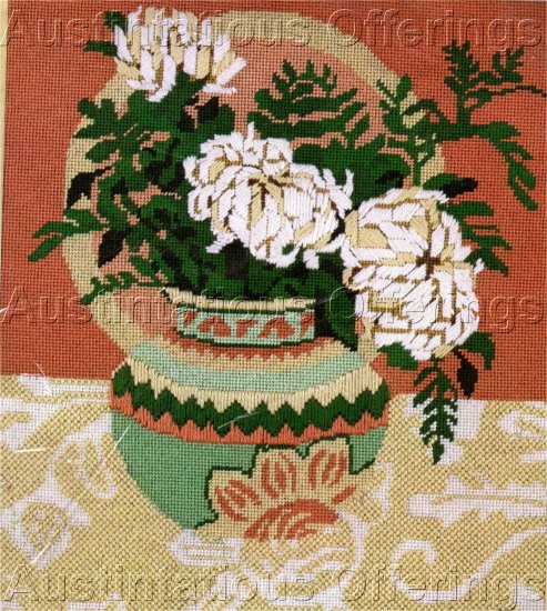 RARE AUTUMN TEXTURED NEEDLEPOINT KIT EXOTIC ORIENTAL MUMS FLORAL VASE