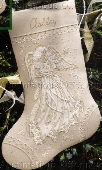 RARE IVORY TONES SNOWFLAKE BEADED ANGEL CREWEL EMBROIDERY STOCKING KIT