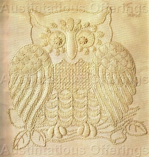 RARE GERRISH WHITE ON WHITE OWL TRAPUNTO CREWEL EMBROIDERY KIT BIRD OF PREY