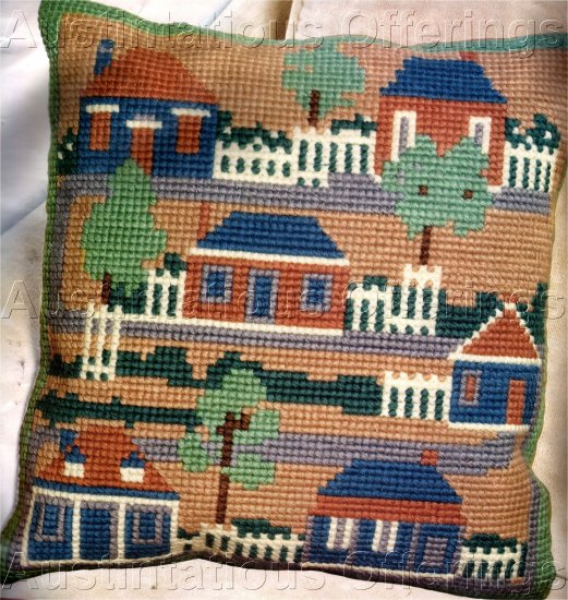 RARE FOLK ART SALTBOX COLONIAL HOUSES LARGE COUNT NEEDLEPOINT PILLOW KIT