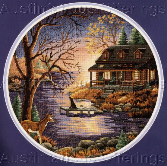 FALL LAKESIDE TWILIGHT HUNT FISH CABIN CROSS STITCH KIT