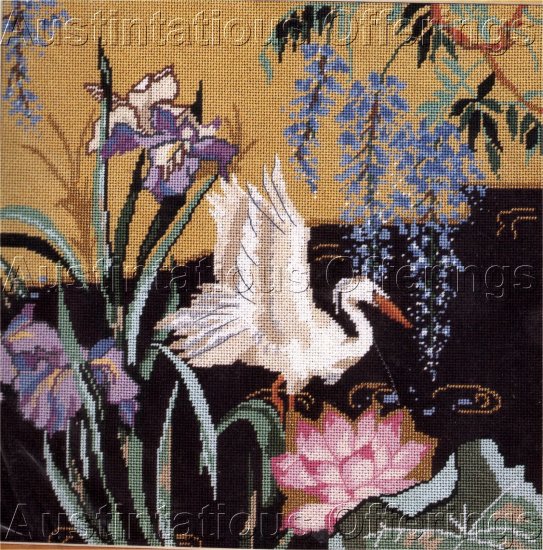 RARE SNOWY EGRET WATER POND FLORAL ORIENTAL NEEDLEPOINT KIT