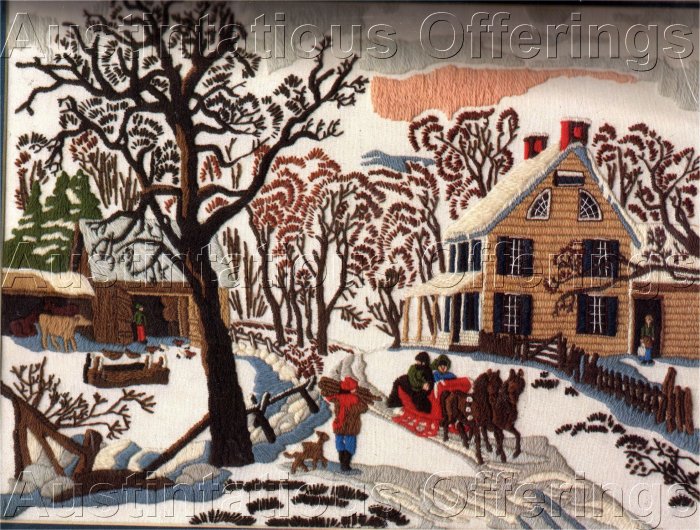 RARE AMERICANA WINTER FOLKART CURRIER IVES CREWEL EMBROIDERY KIT