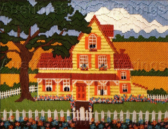 RARE FARM FOLK ART TEXTURED & LONGSTITCH NEEDLEPOINT KIT FARMHOUSE