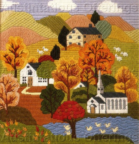 RARE ERICA WILSON FOLK ART VILLAGE AUTUMN HILLS TEXTURED NEEDLEPOINT KIT