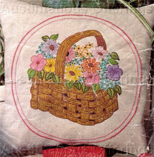 CHEERY FLOWER BASKET CREWEL EMBROIDERY PILLOW KIT