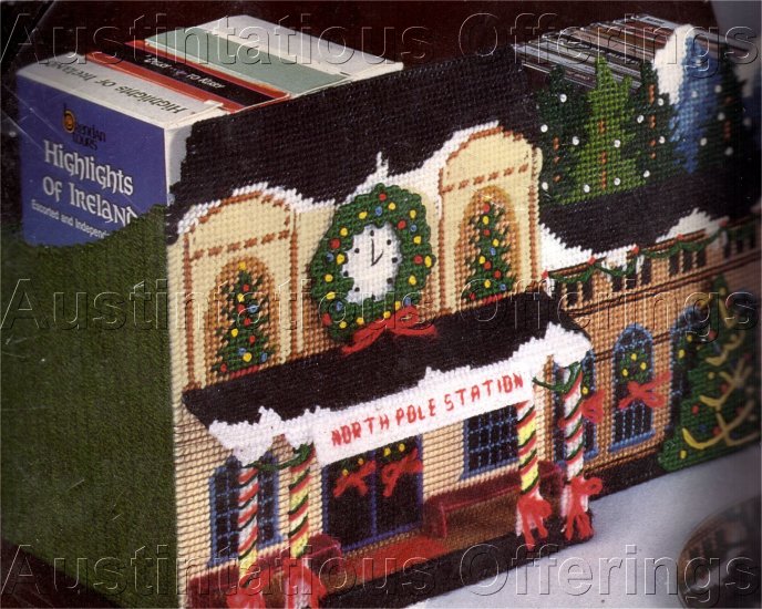 RARE MAGAZINE AND CD HOLDER PLASTIC CANVAS NORTH POLE TRAINSTATION NEEDLEPOINT KIT